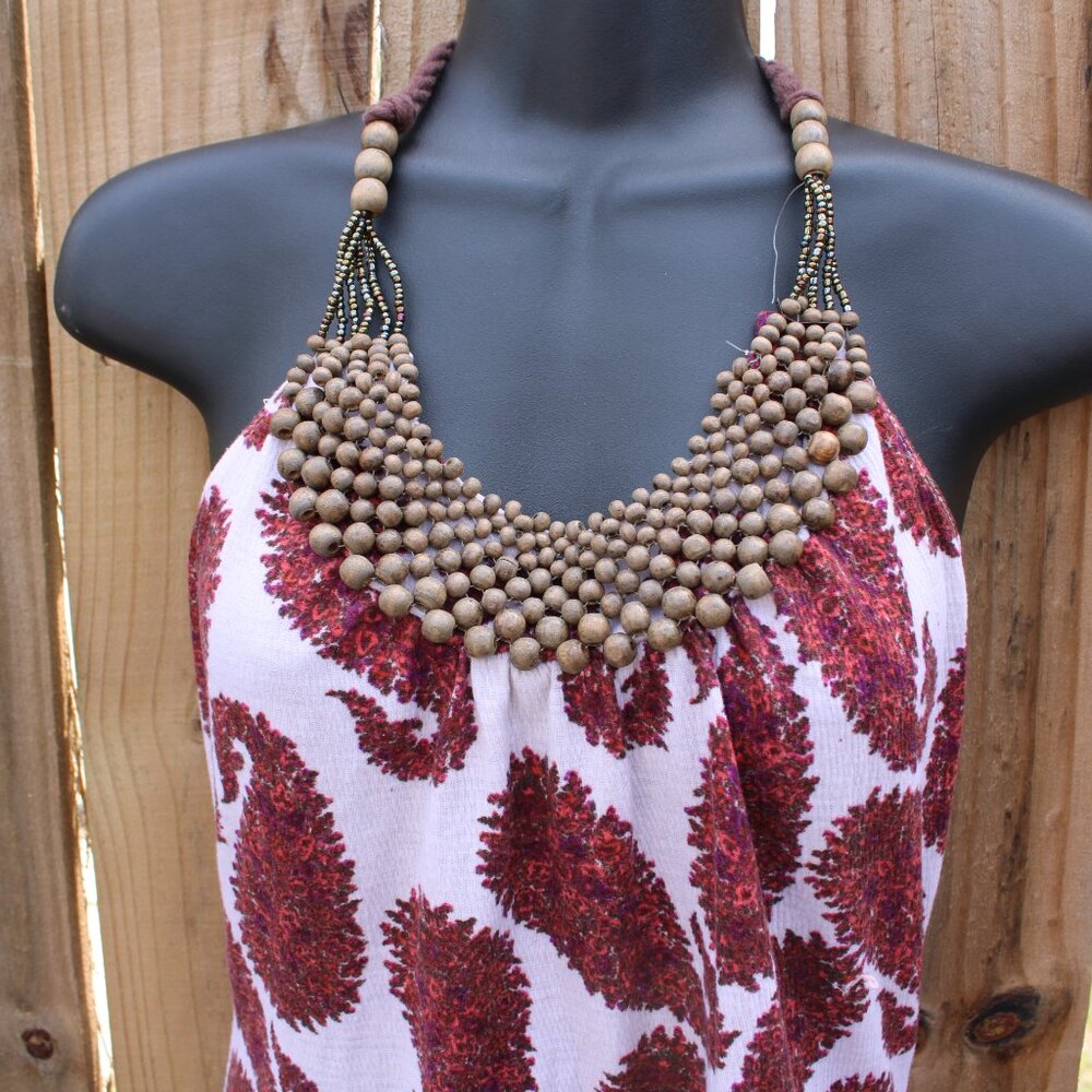 Sky Halter Paisley Tank Top Boho Beaded Neckline Size M - Picture 2 of 5